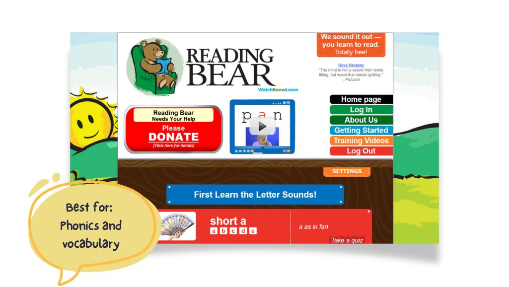 Reading Bear. For phonics and vocabulary